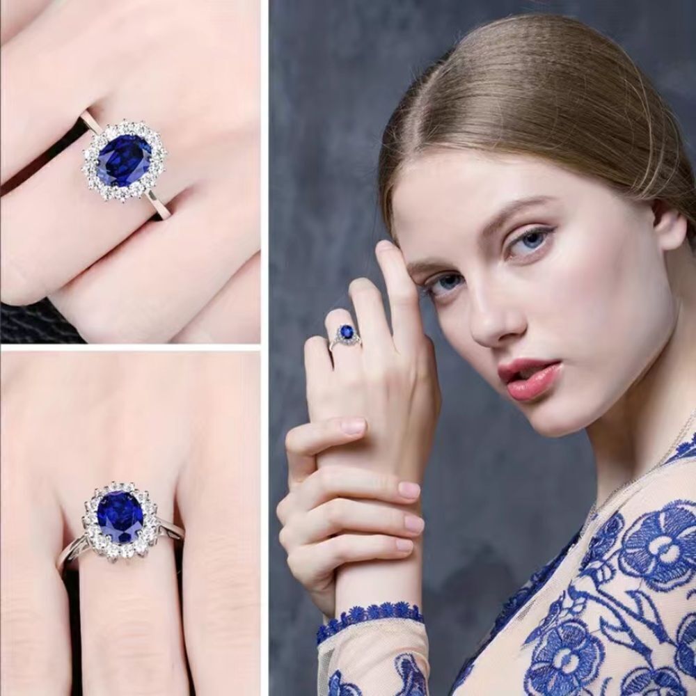 🔅🆕🔅✨S925 Princess Di Kate Middleton Inspired Halo Blue Sapphire Ring✨